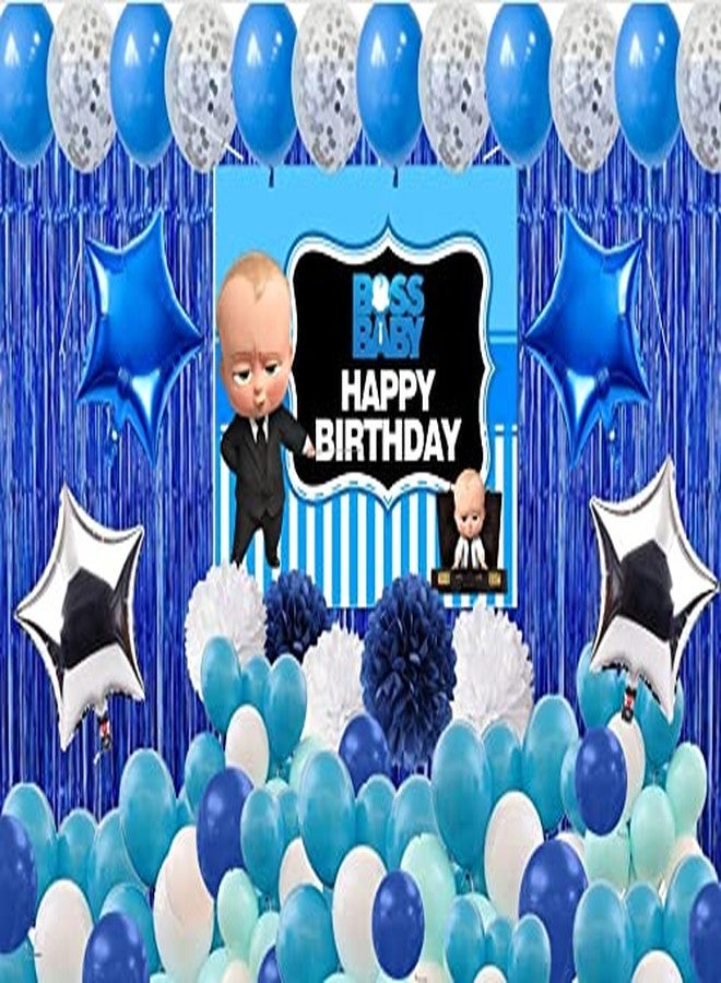 Theme My Party Boss Baby Birthday Party Decorations Complete Set for Boys Birthday Party -Backdrop & Decorations Kit with Pom Pom Glue Dot & Balloon Strip (Boss Baby Kit) - Image 1
